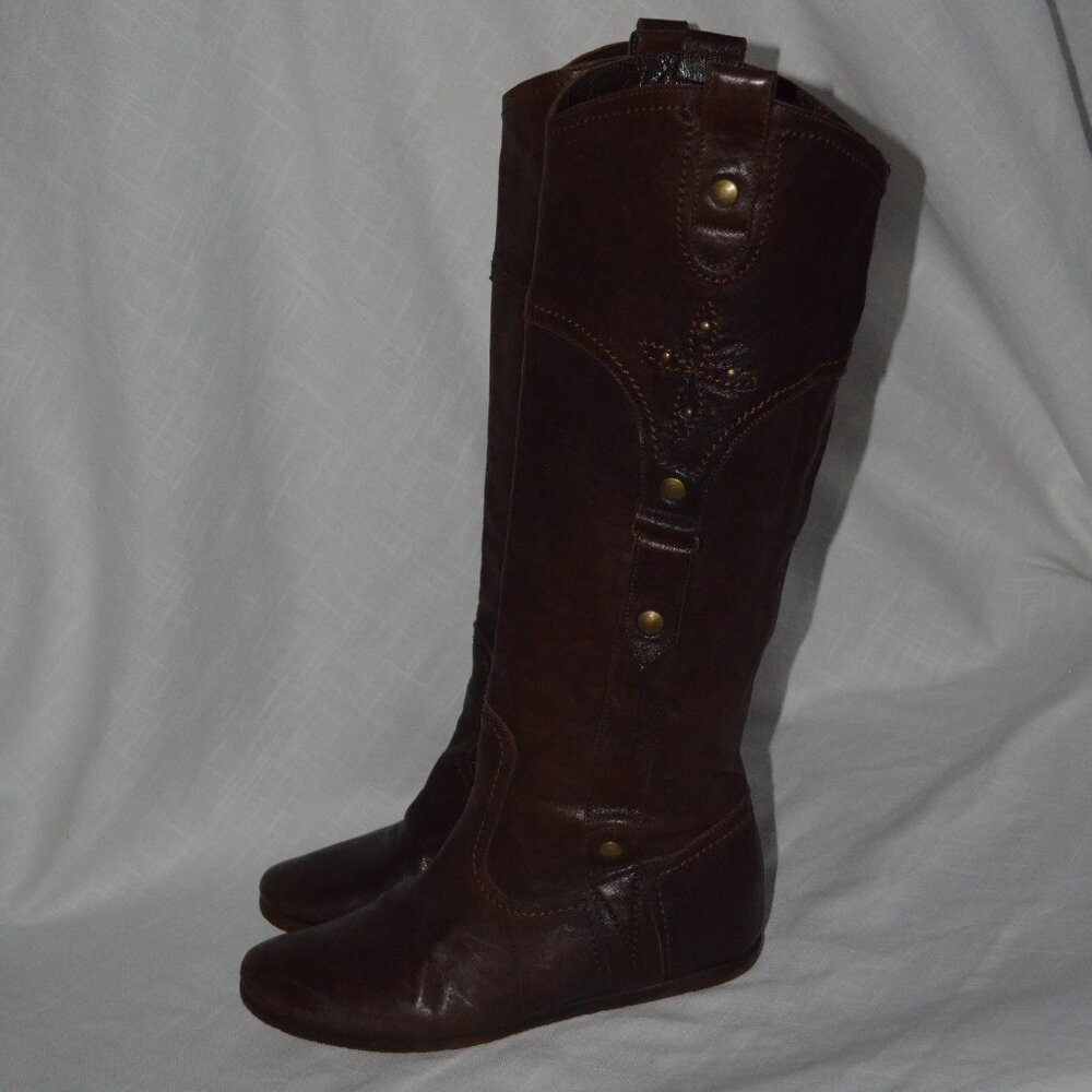 $415 Sz 38 8 FRU.IT Brown Embroidered Detail Pull On Knee High Riding Flat Boots
